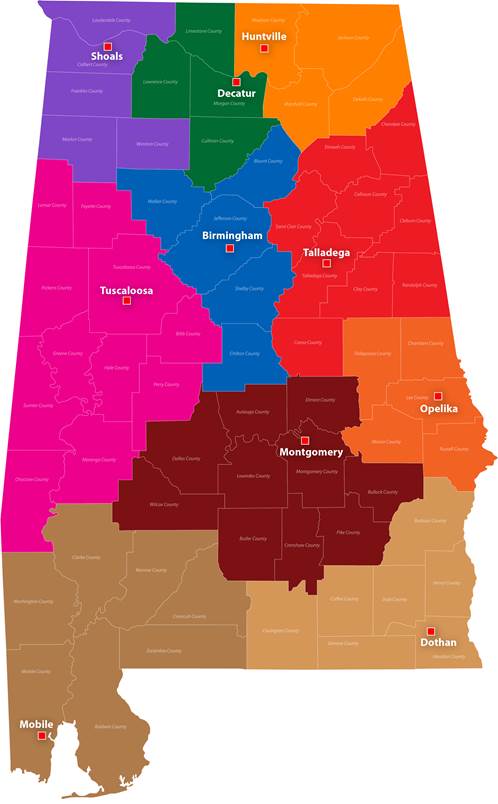 A map of Alabama with the regional centers outlined in different colors.